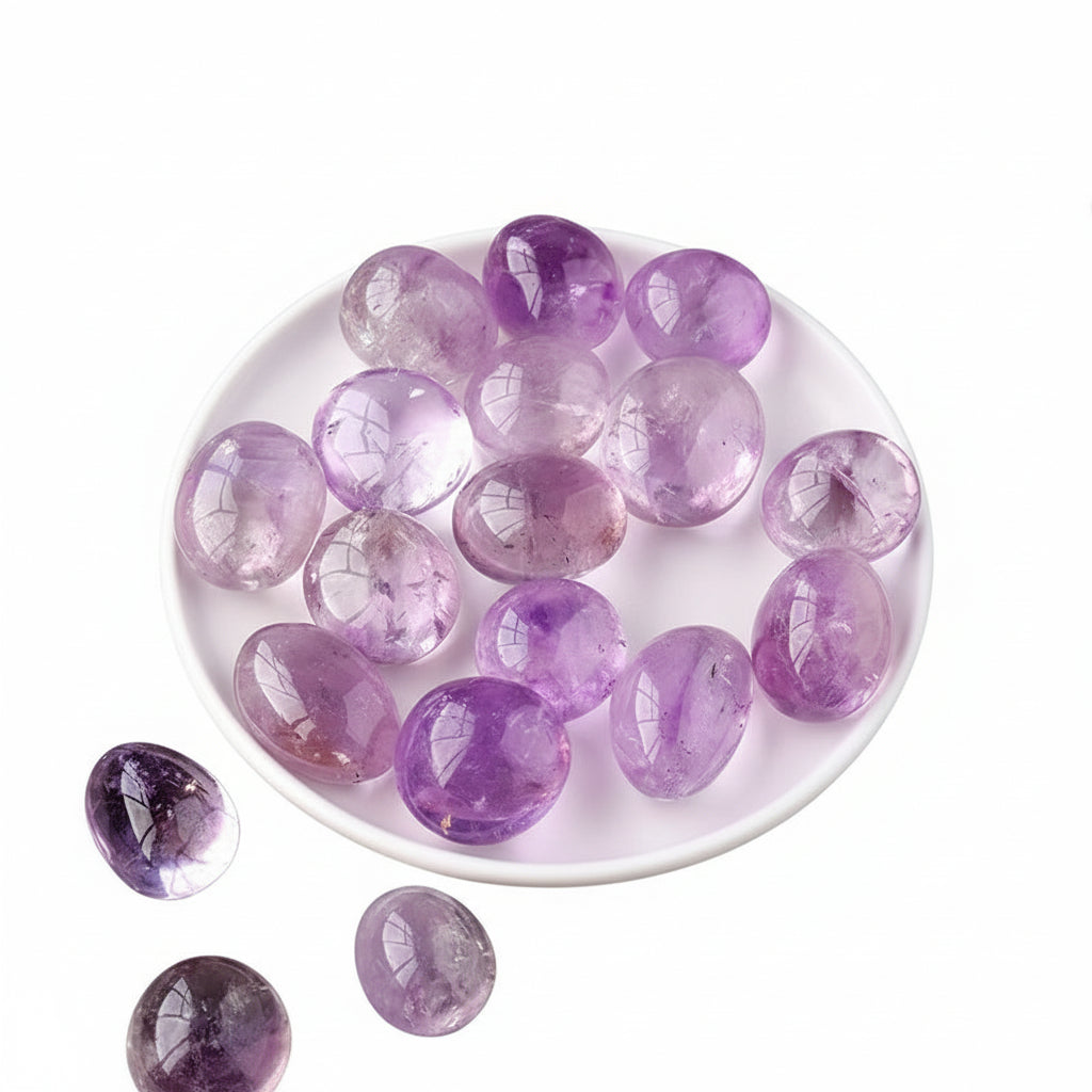 Purple crystals on a white plate in a white background
