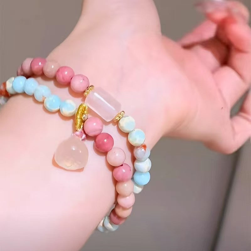 Natural Rhodochrosite & Amazonite Double Wrap Bracelet | Earth & Water Element Healing Jewelry