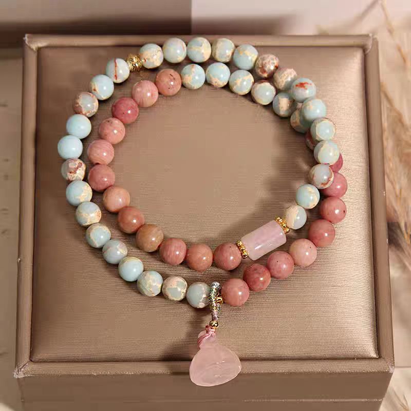 Natural Rhodochrosite & Amazonite Double Wrap Bracelet | Earth & Water Element Healing Jewelry