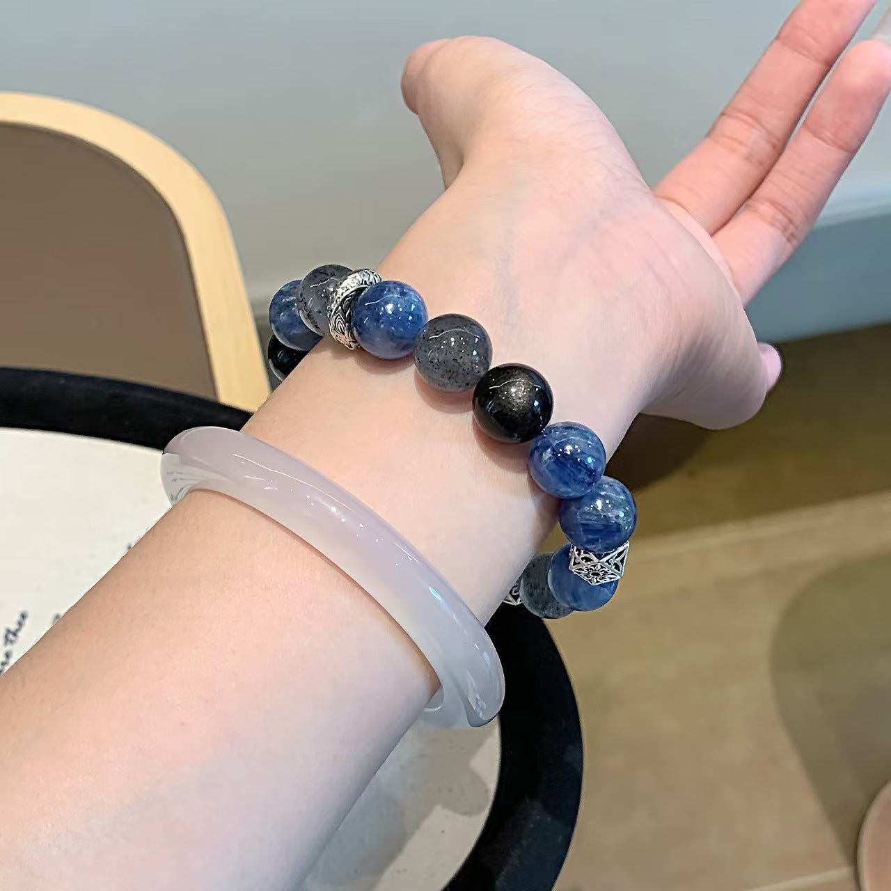 Celestial Blue Kyanite & Obsidian Energy Bracelet – Grounding & Intuition