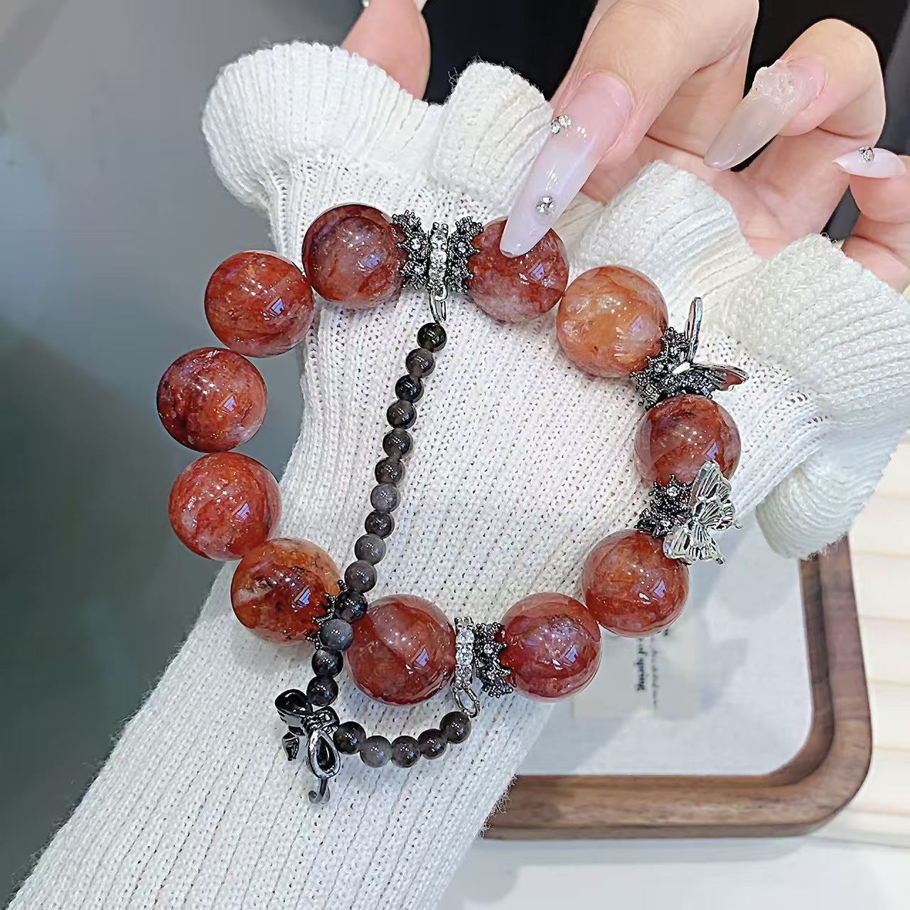 Natural Red Flower Crystal Butterfly Bracelet – Fire Element Energy Jewelry