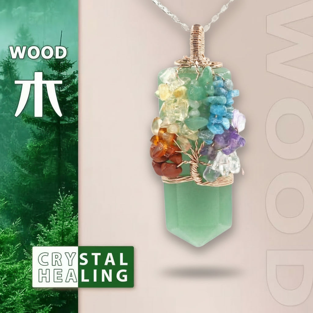 Crystal healing pendant with tree design on a beige background, next to text and nature imagery.