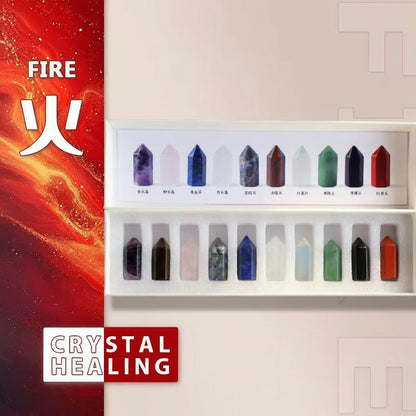 Set of crystal tumbled stones with labels on a white background, featuring the word 'Fire' on a red background.