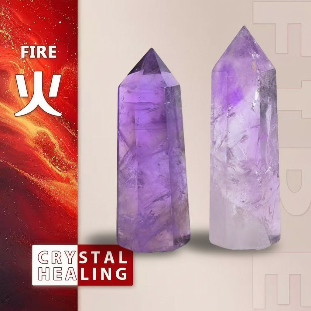Two purple crystal points with fiery and healing text on a red and beige background