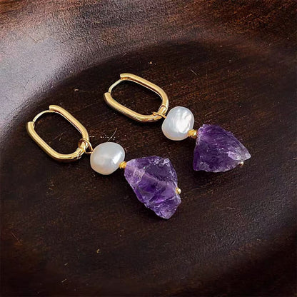 Raw Amethyst & Pearl Statement Earrings