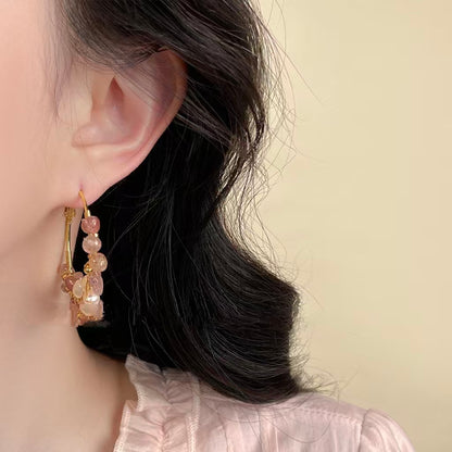 Strawberry Quartz & Pearl Hoop Earrings