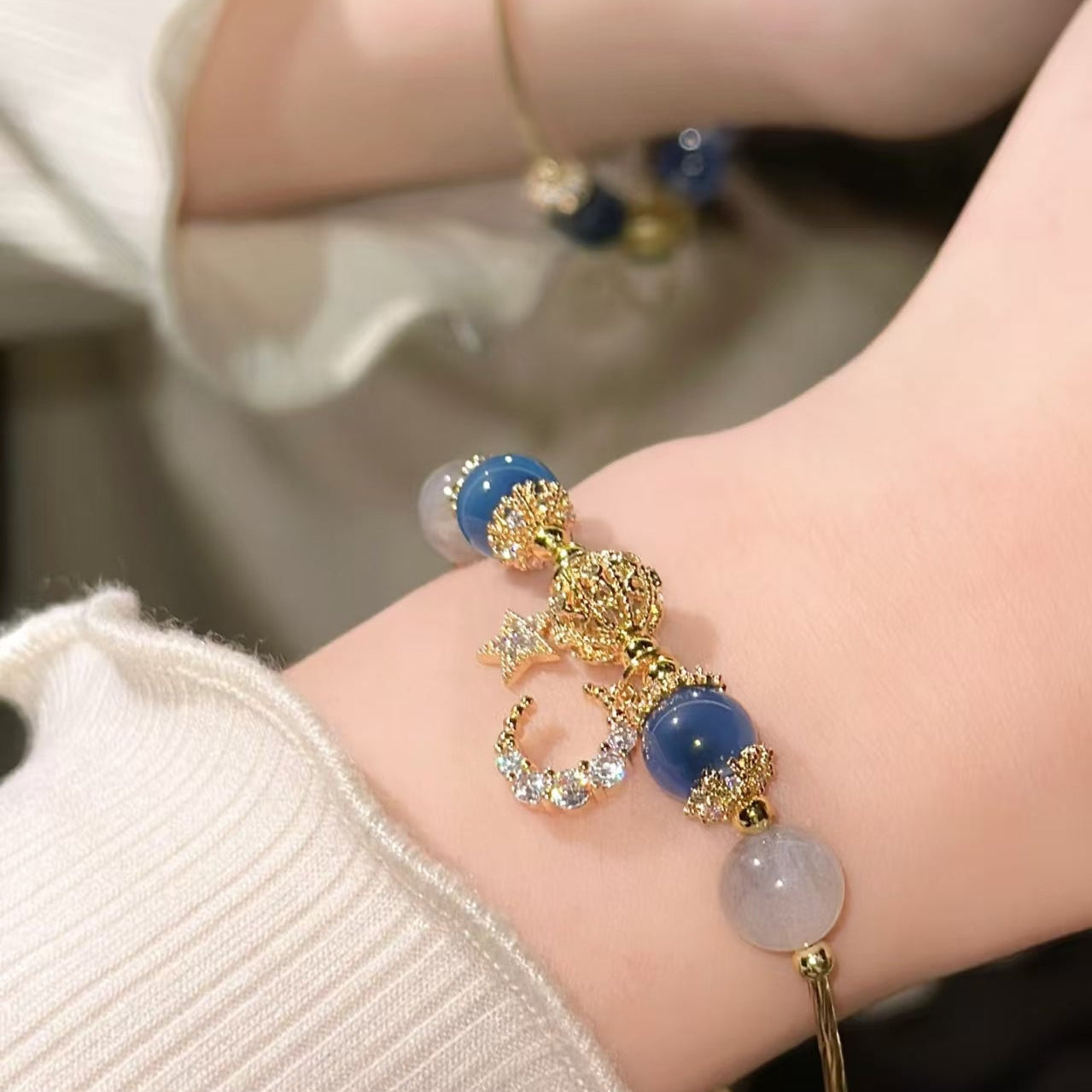 Natural Gray Moonstone & Blue Crystal  Bracelet