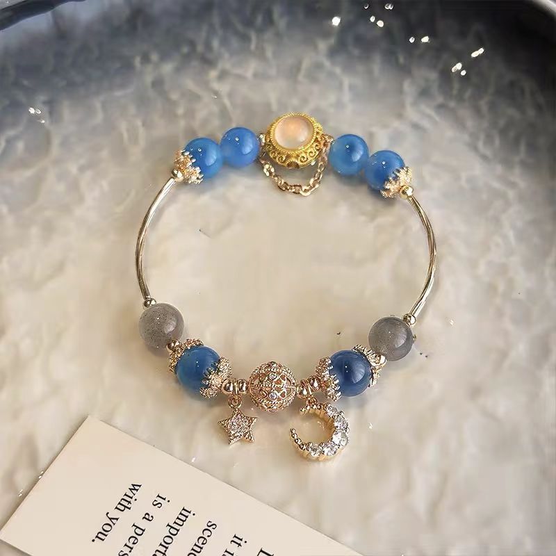 Natural Gray Moonstone & Blue Crystal  Bracelet