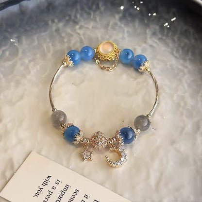 Natural Gray Moonstone & Blue Crystal  Bracelet