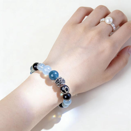 Aquamarine & Black Obsidian  Bracelet