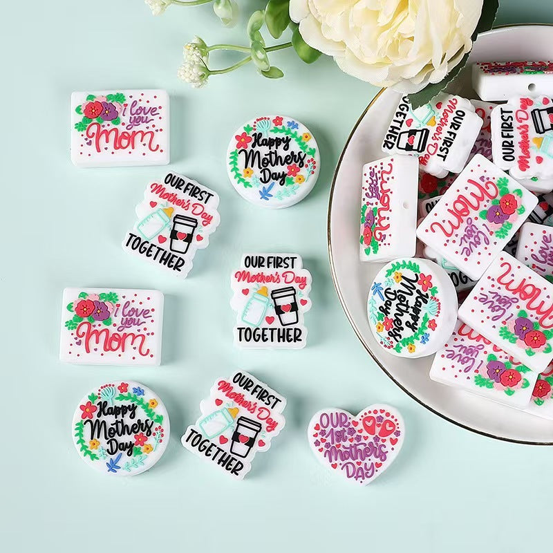 Mother's Day Silicone Focal Beads – Cartoon Heart & Letter Beads for DIY Jewelry, Keychains, Bracelets & Craft Supplies (10 pcs)
