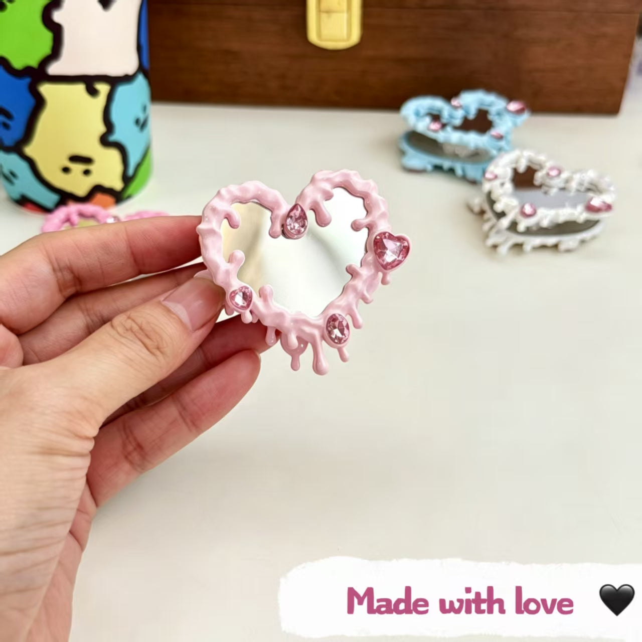 Bling Rhinestone Heart Mirror Beads with Hole DIY Phone Strap Keychain Bag Charm Jewelry Accessories (2pcs)