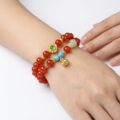 Red Agate Double-Layer Bracelet with Gourd Charm