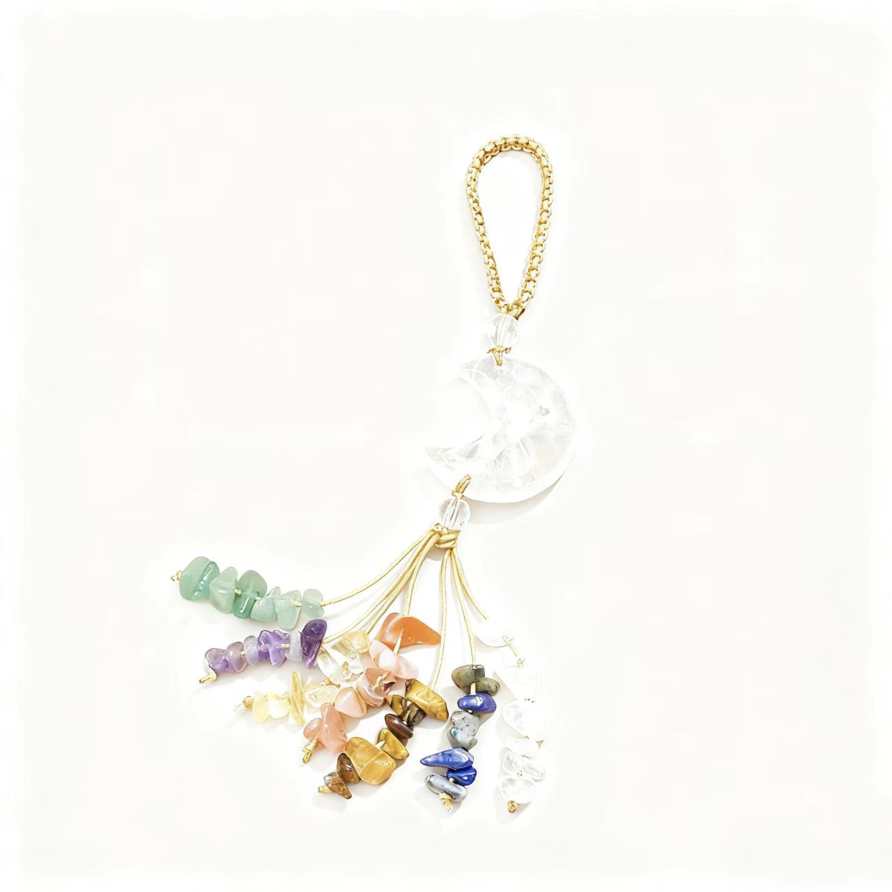 Crystal Moon Charm with Healing Gem Chips – Chakra Energy Hanging Decoration for Car, Bag, or Home