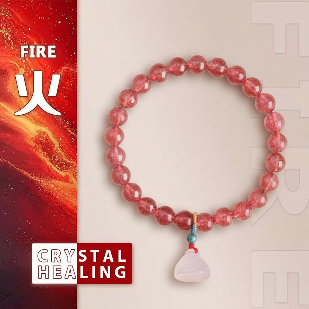 Pink beaded bracelet with a pendant on a red and beige background with text and graphics.