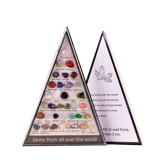36 Natural Crystal Gemstones Pyramid Display Box – Healing Stone Educational Gift Set