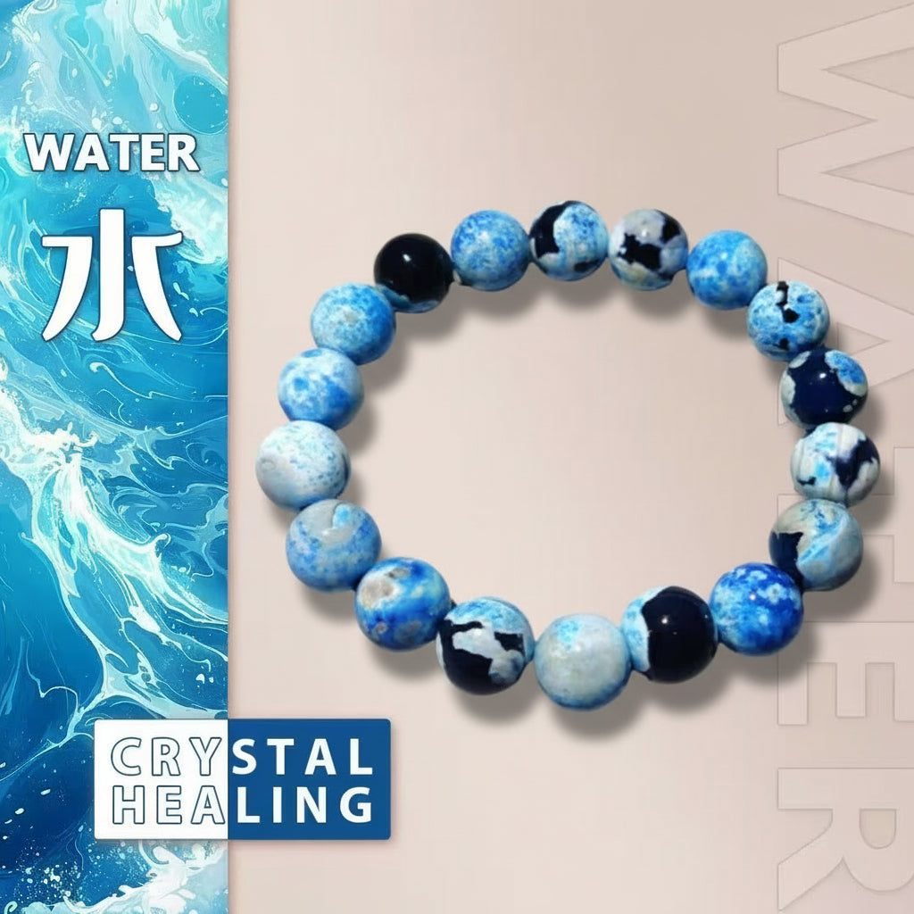 Blue and black beaded bracelet with water-themed design on a beige background
