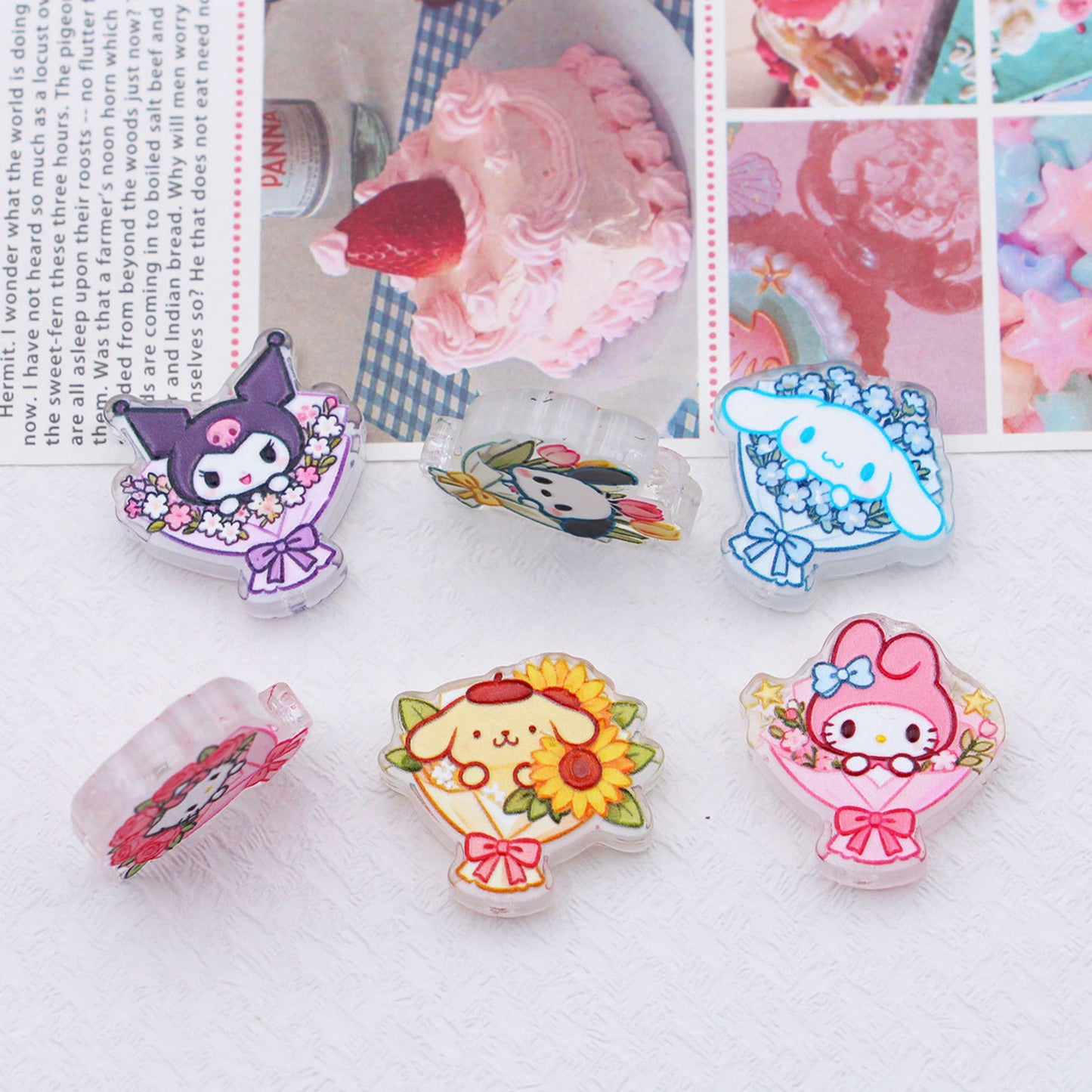 Premium Acrylic Embossed Bouquet Charms – Sanrio-Inspired Beads with Hole for DIY Pens, Phone Charms & Jewelry Making （10pcs)