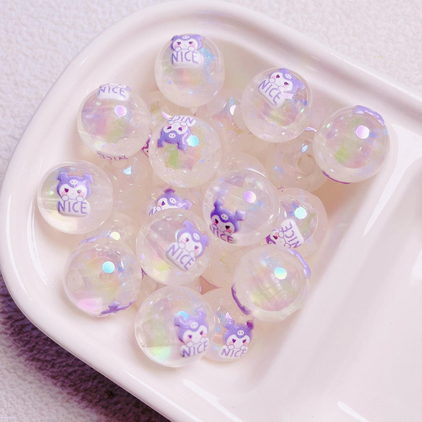 Cartoon Shimmer 3D Printed Sanrio Round Beads | Straight Hole Loose Beads | DIY Phone Charm Bracelet Materials Jewelry Findings