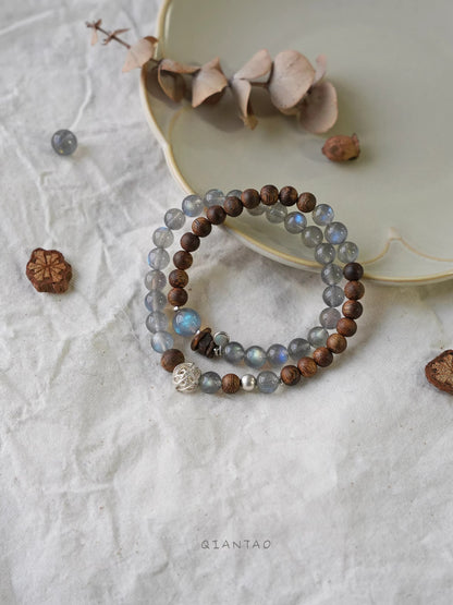 Natural Grey Moonstone & Sandalwood Crystal Bracelet - Double Wrap Lucky Beads for Wealth & Good Fortune - Couple's Jewelry Gift