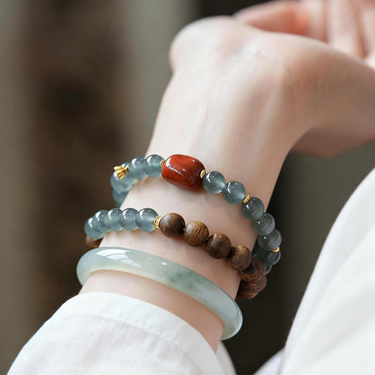 Natural Agarwood & Icy Blue Jadeite Bracelet - Double Wrap Gemstone Beads with Southern Red Agate - Zen Luxury Jewelry for Women