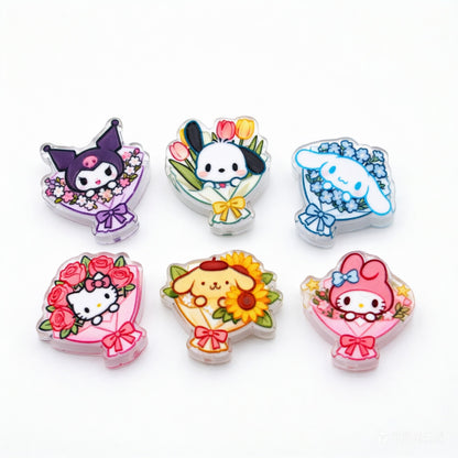 Premium Acrylic Embossed Bouquet Charms – Sanrio-Inspired Beads with Hole for DIY Pens, Phone Charms & Jewelry Making （10pcs)