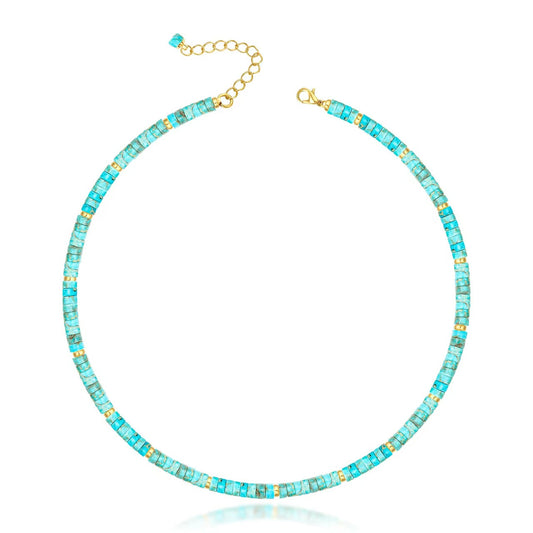 Turquoise beaded necklace with gold clasp on a white background