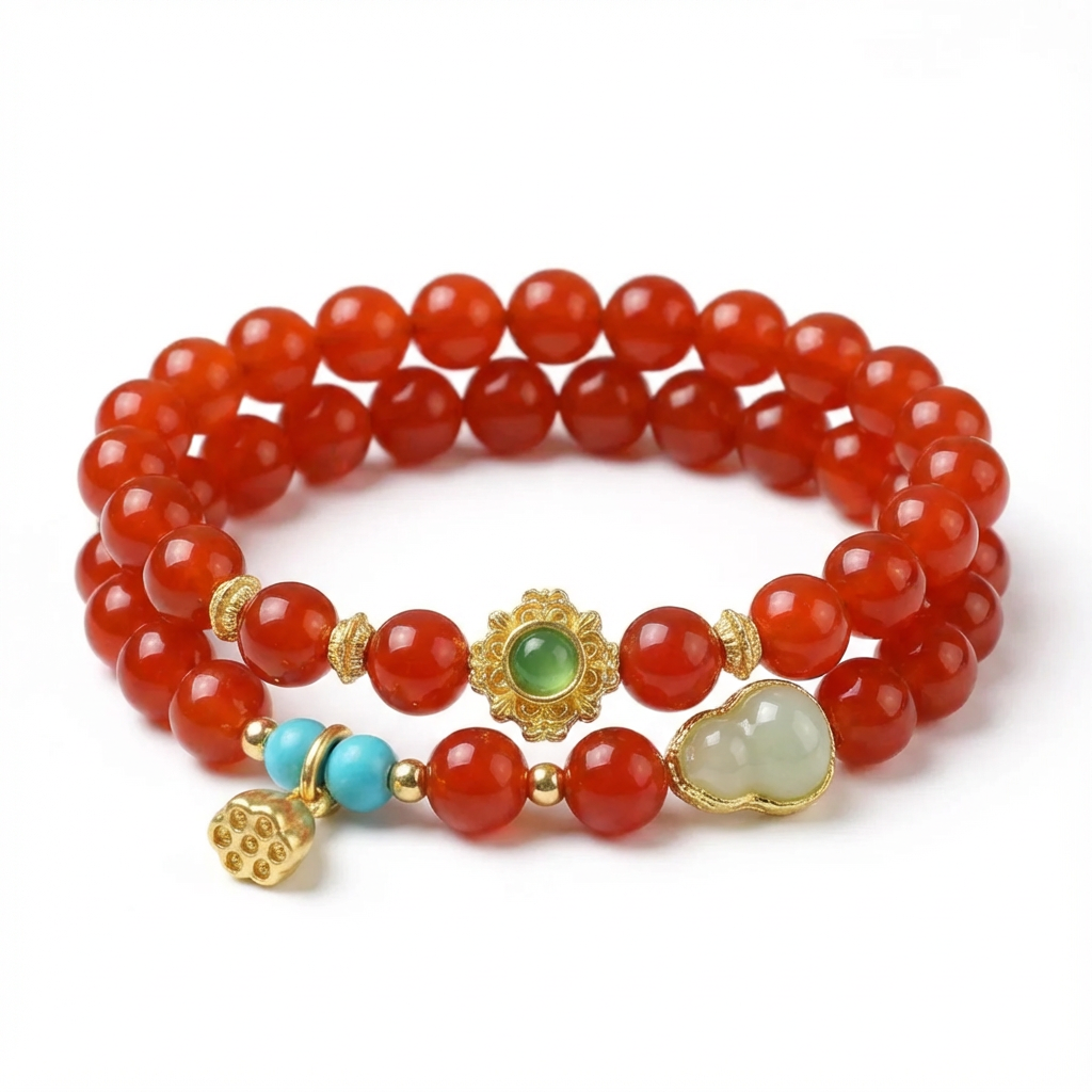 Red Agate Double-Layer Bracelet with Gourd Charm
