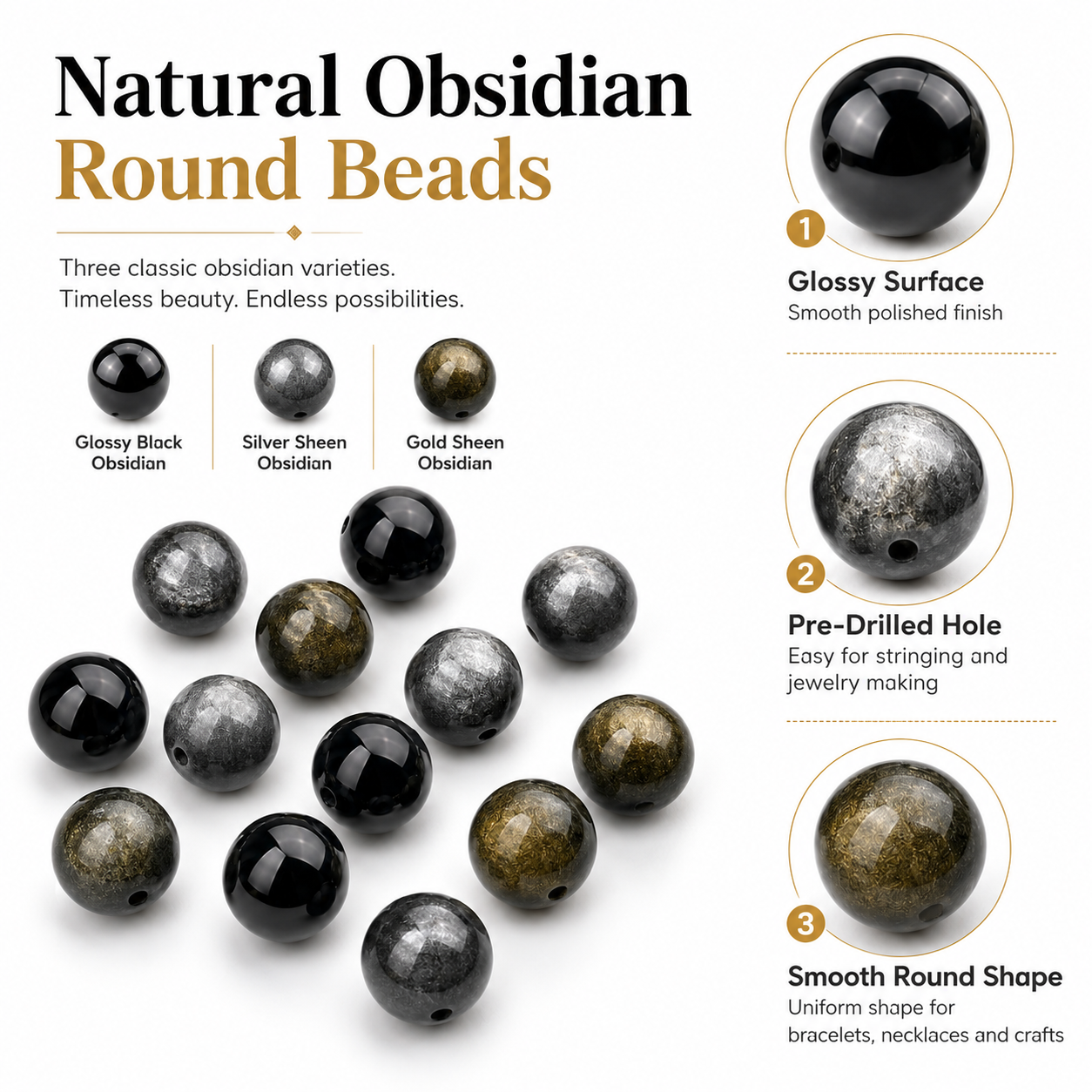 Natural Obsidian Beads: Golden, Silver & Black Sheen | DIY Accent Beads | SoulstoneHouse
