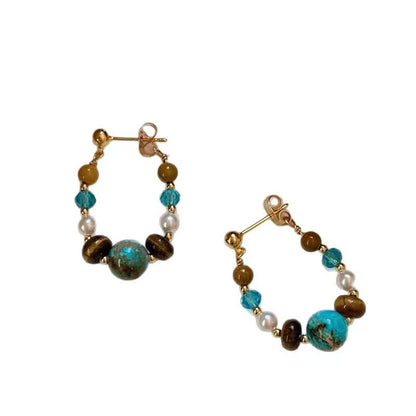 Healing Hoop Earrings with Tiger Eye & Turquoise Beads | Vintage Style