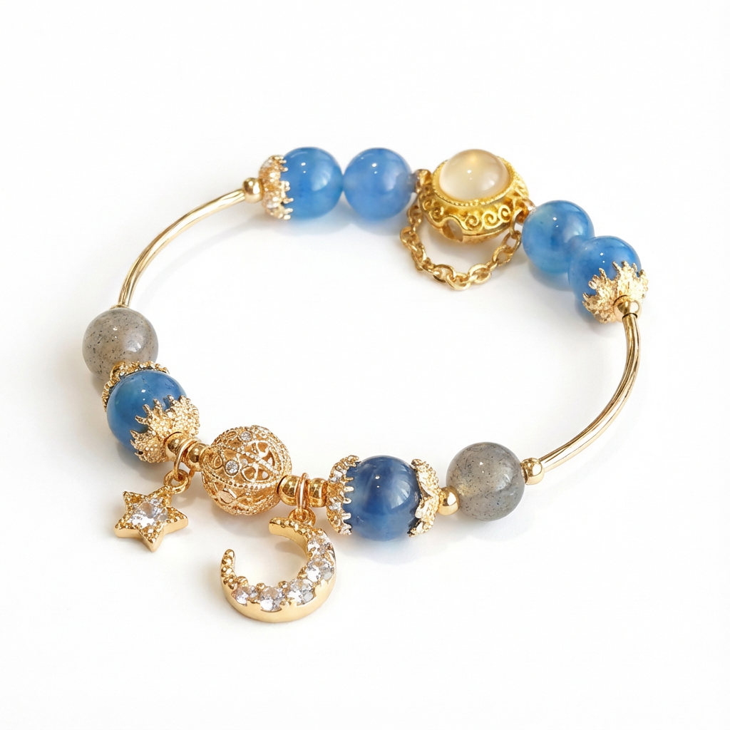 Natural Gray Moonstone & Blue Crystal  Bracelet