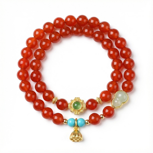 Red Agate Double-Layer Bracelet with Gourd Charm