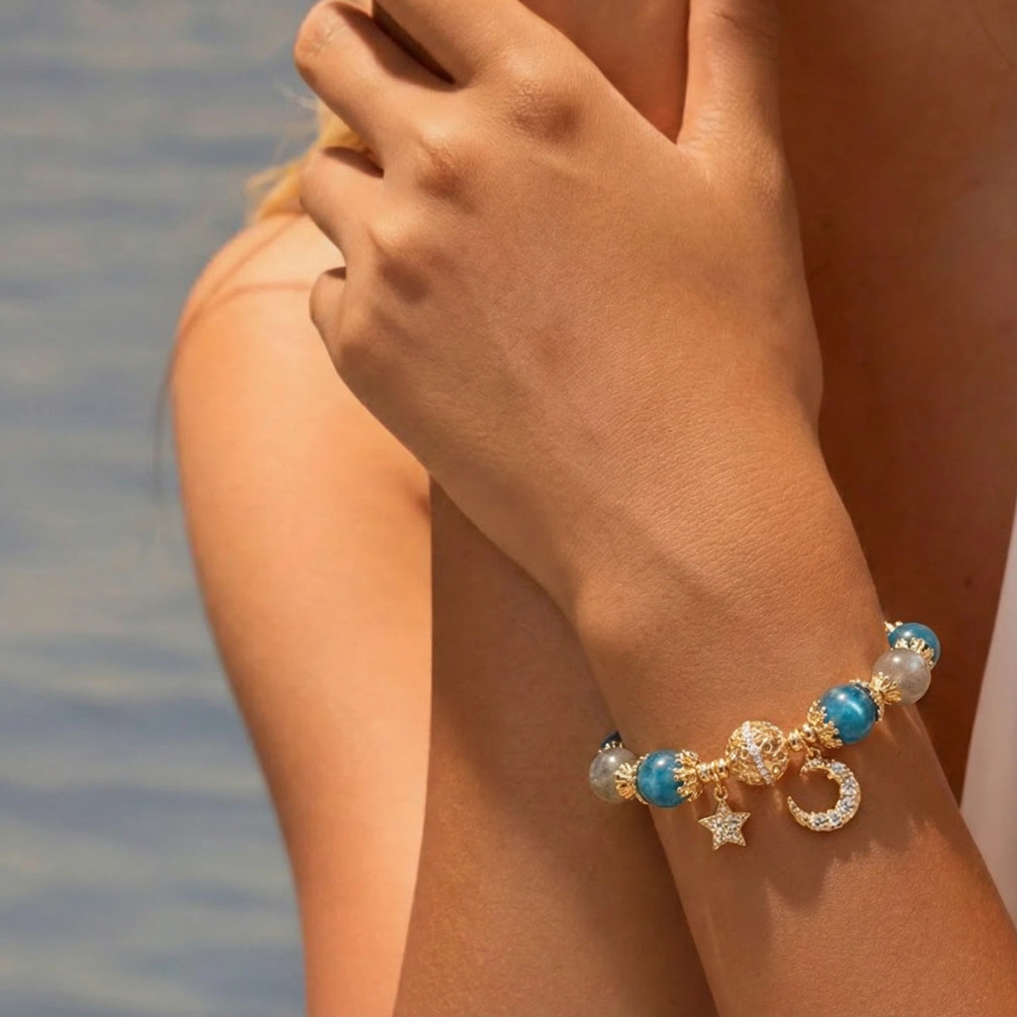 Natural Gray Moonstone & Blue Crystal  Bracelet