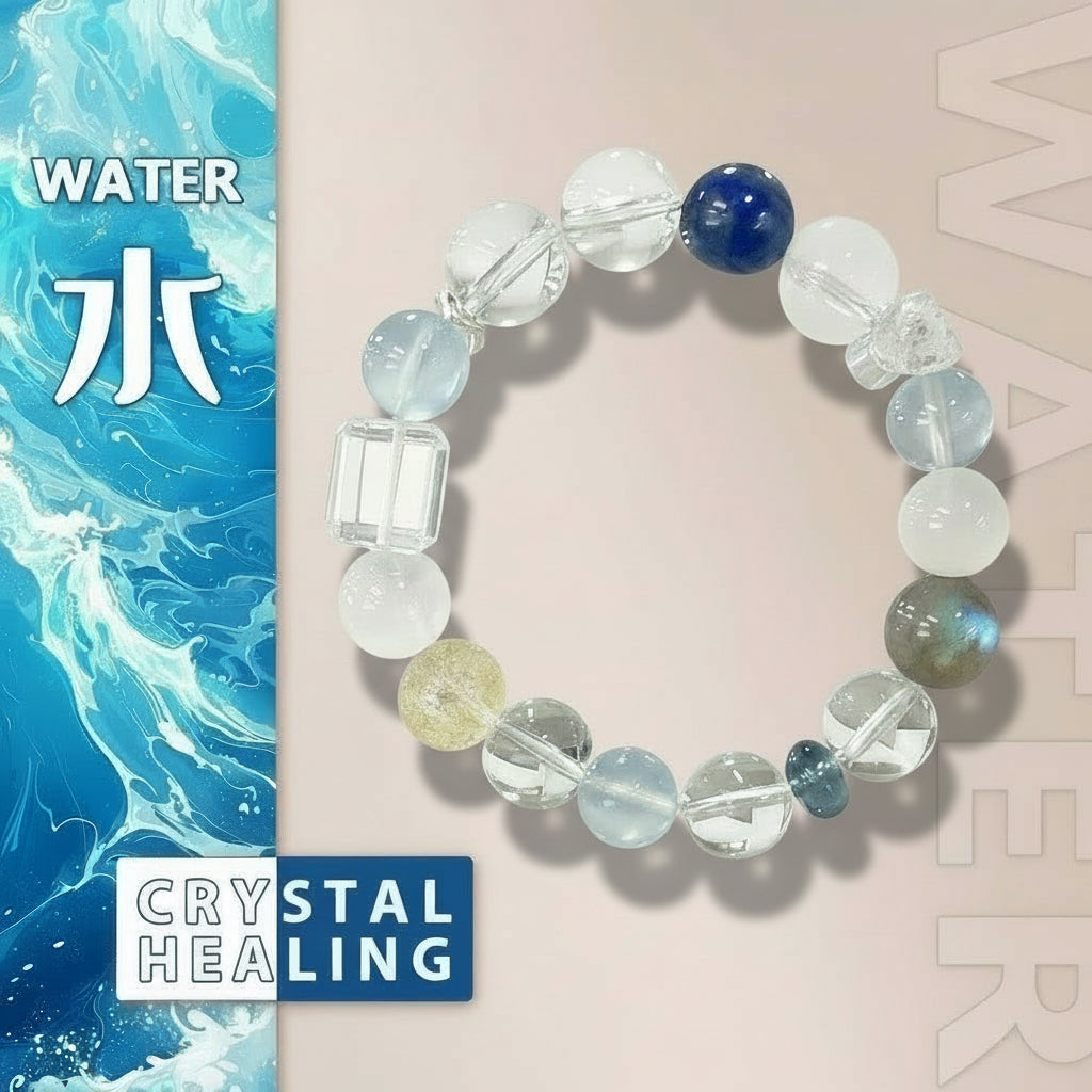 Beaded bracelet with colored beads on a pink background with water theme