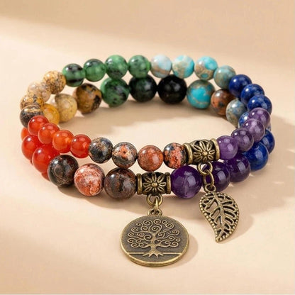 Rainbow Gemstone Bracelet Set — Tree of Life Charm